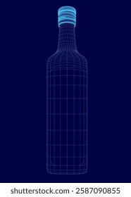 A bottle of alcohol is shown in a blue background. The image is in a 3D format, giving it a futuristic appearance