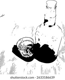 Bottle of alcoholic beverage on the wooden table