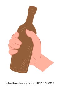 Flasche mit alkoholischem Getränk in der Hand, Einzelbier oder Apfelwein. Behältnis ohne Etikettierung mit Flüssigkeit, Alkohol oder Likör. Ernährung und Essen im Restaurant, Pub oder Bar-Sortiment, Vektorgrafik in flacher Form