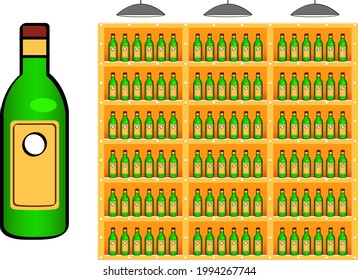 Frasco para una bebida alcohólica en vector. Cerveza. Montones de botellas en el estante del supermercado. Etiqueta amarilla, forma rectangular