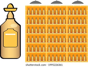 Bottle for an alcoholic drink in vector. Tequila. Lots of bottles on the shelf in the supermarket. Yellow label and hat