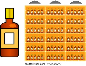 Bottle for an alcoholic drink in vector. Whiskey, gin. Lots of bottles on the shelf in the supermarket. White label, rectangle shape