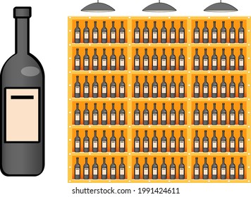Bottle for an alcoholic drink in vector. Wine. Lots of bottles on the shelf in the supermarket. Cream label, rectangular shape