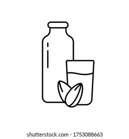 Bottle of almond milk, glass, two nuts. Line art icon of vegan protein drink. Black simple illustration of organic food, healthy nutrition. Contour isolated vector emblem on white background