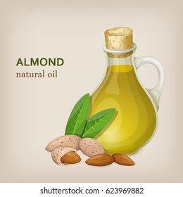 Bottle of almond oil and almonds. Vector illustration