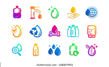 Bottle, Antibacterial Filter And Tap Water. Water Drop Icons. Clean Water Classic Icon Set. Gradient Patterns. Quality Signs Set. Vector