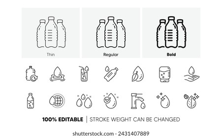 Botella, filtro antibacteriano y agua del grifo. Iconos de línea de gota de agua. Icono lineal de agua limpia. Conjunto de iconos de línea. Vector