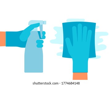 Bottle of antiseptic antibacterial spray and napkin in hand with gloves. Wipe with cloth. Spraying of aerosol, leaning surface rag. Antibacterial disinfection, hygiene, detergent. Vector illustration