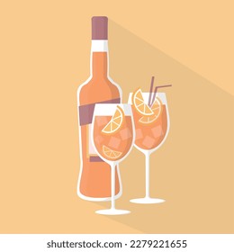 eine Flasche Aperol und zwei orange-Aperol-Spritz-Cocktails mit Eis und Orange-vereinfachter Vektorgrafik in flachem und Vintage-Stil