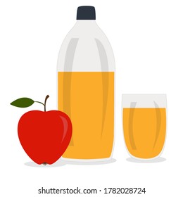 Bottle of apple cider vinegar, glass with drink and red apple. Vector flat cartoon illustration.