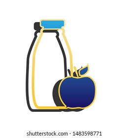 Bottle with apple. Dietology sign. Blue icon with gold contour with dark gray shadow at white background. Illustration.