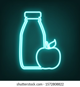 Bottle with apple. Dietology sign. Cyan neon icon in the dark. Bluring. Luminescence. Illustration.