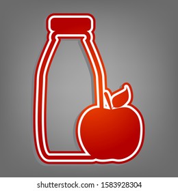 Bottle with apple. Dietology sign. Flat red icon with linear white icon with gray shadow at grayish background. Illustration.