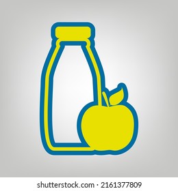 Bottle with apple. Dietology sign. Icon in colors of Ukraine flag (yellow, blue) at gray Background. Illustration.