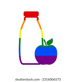 Bottle with apple. Dietology sign. Rainbow gay LGBT rights colored Icon at white Background. Illustration.