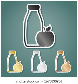 Bottle with apple. Dietology sign. Set of metallic Icons with gray, gold, silver and bronze gradient with white contour and shadow at viridan background. Illustration.