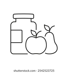 Flasche mit Apfel und Birne Linie Symbol, Nahrungsergänzungsmittel und Vitamine aus natürlichen Zutaten Outline-Symbol. Isolierte Vektorgrafik.