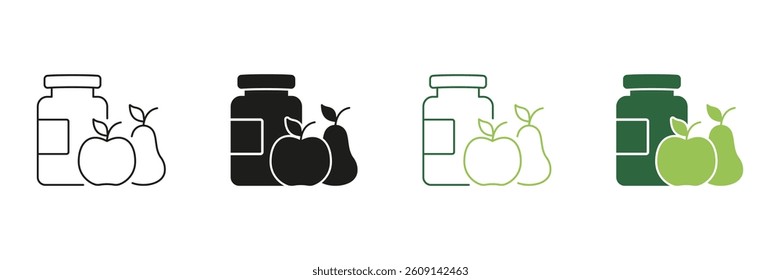 Bottle with Apple and Pear Line and Silhouette Icon Set. Dietary Supplements and Vitamins Made from Natural Ingredients Outline and Solid Symbol. Editable Stroke. Isolated Vector Illustration.