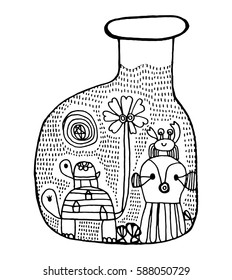 Bottle Art Vector, Zen tangle stylized cartoon, Hand drawn sketch for adult coloring page, T-shirt emblem, logo or tattoo with doodle, Turtle Squid and Crab. 
