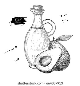 Bottle of avocado oil. Vector Hand drawn illustration. Glass pitcher vintage drawing isolated on white background. Great for menu, banner, label, logo, flyer