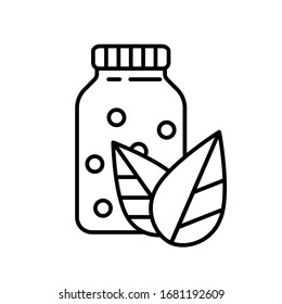 Bottle with balls and two leaves icon. Thin line art herbal medicine logo. Black simple illustration. Contour isolated vector image on white background. Clipart for packaging design