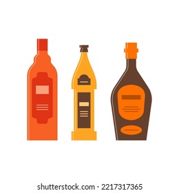 Bottle of balsam, beer, whiskey. Great design for any purposes. Icon bottle with cap and label. Flat style. Color form. Party drink concept. Simple image shape. Vector.
