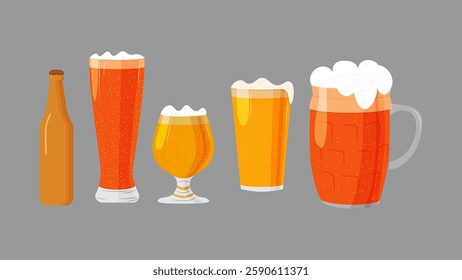 A bottle of beer and 4 glasses of beer. For poster, card, banner, discount, special offer, cover, menu, advertising. Vector illustration EPS10 
