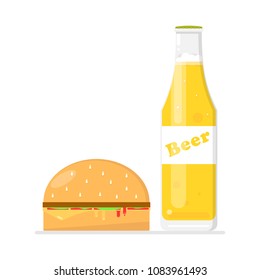 Bottle of beer and burger. Lunch set.