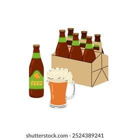 Garrafa de cerveja. Caixa de cartão com garrafas de vidro. Bebida alcoólica. Uma cerveja leve e espumosa. Ilustração plana sobre fundo branco.