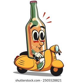 bottle beer cartoon character retro vector design riding a scooter, work of hand drawn