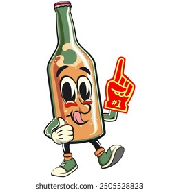 bottle beer cartoon character retro vector design raise foam finger, work of hand drawn