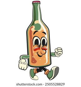 bottle beer cartoon character retro vector desig walking, work of hand drawn