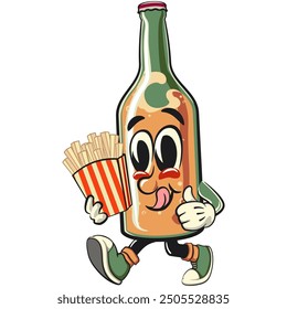 bottle beer cartoon character retro vector design brought a box of french fries, work of hand drawn