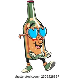 bottle beer cartoon character retro vector design wearing heart shaped beach sunglasses, work of hand drawn