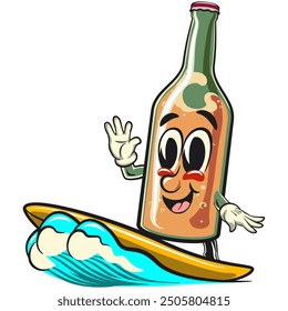 bottle beer cartoon character retro vector design surfing happily, work of hand drawn