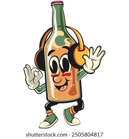 bottle beer cartoon character retro vector design listening to headset while dancing, work of hand drawn