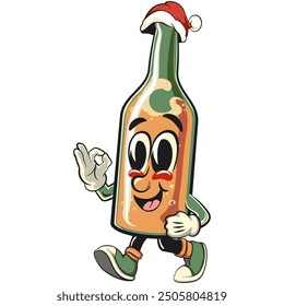 bottle beer cartoon character retro vector design walking while wearing a Santa hat calmly, work of hand drawn