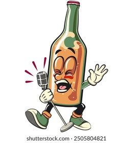 bottle beer cartoon character retro vector design sing earnestly with maximum style, work of hand drawn