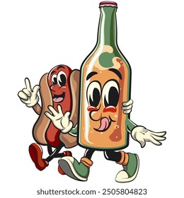 bottle beer cartoon character retro vector design walking with the hotdog character, work of hand drawn