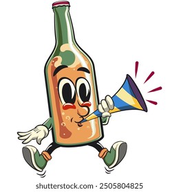 bottle beer cartoon character retro vector design blow the party horn, work of hand drawn