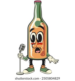 bottle beer cartoon character retro vector design in front of the mic become a stand up comedian, work of hand drawn