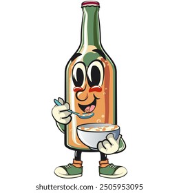 bottle beer cartoon character retro vector design with a bowl of milk with cereal, work of hand drawn