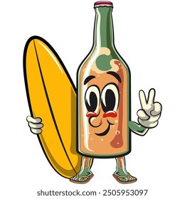 Diseño retro del Vector del carácter de la historieta de la cerveza de la botella con la tabla de surf, trabajo de dibujado a mano