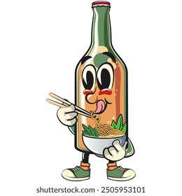 bottle beer cartoon character retro vector design with a bowl of noodles and chopsticks, work of hand drawn