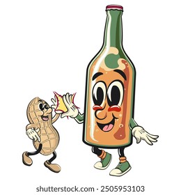 bottle beer cartoon character retro vector design giving peanuts a high five, work of hand drawn