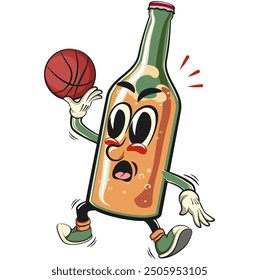 bottle beer cartoon character retro vector design playing basketbal, work of hand drawn