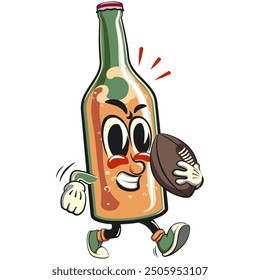 bottle beer cartoon character retro vector design playing rugby or american football, work of hand drawn