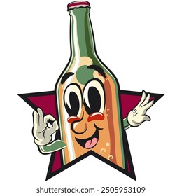 bottle beer cartoon character retro vector design out from of a star by giving an OK sign, work of hand drawn