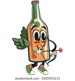 bottle beer cartoon character retro vector design become a cupid with angel wings and the arrow of love, work of hand drawn