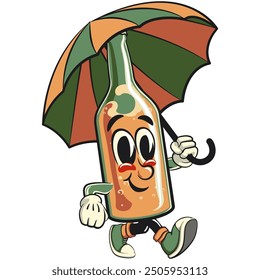 bottle beer cartoon character retro vector design walking with an umbrella, work of hand drawn